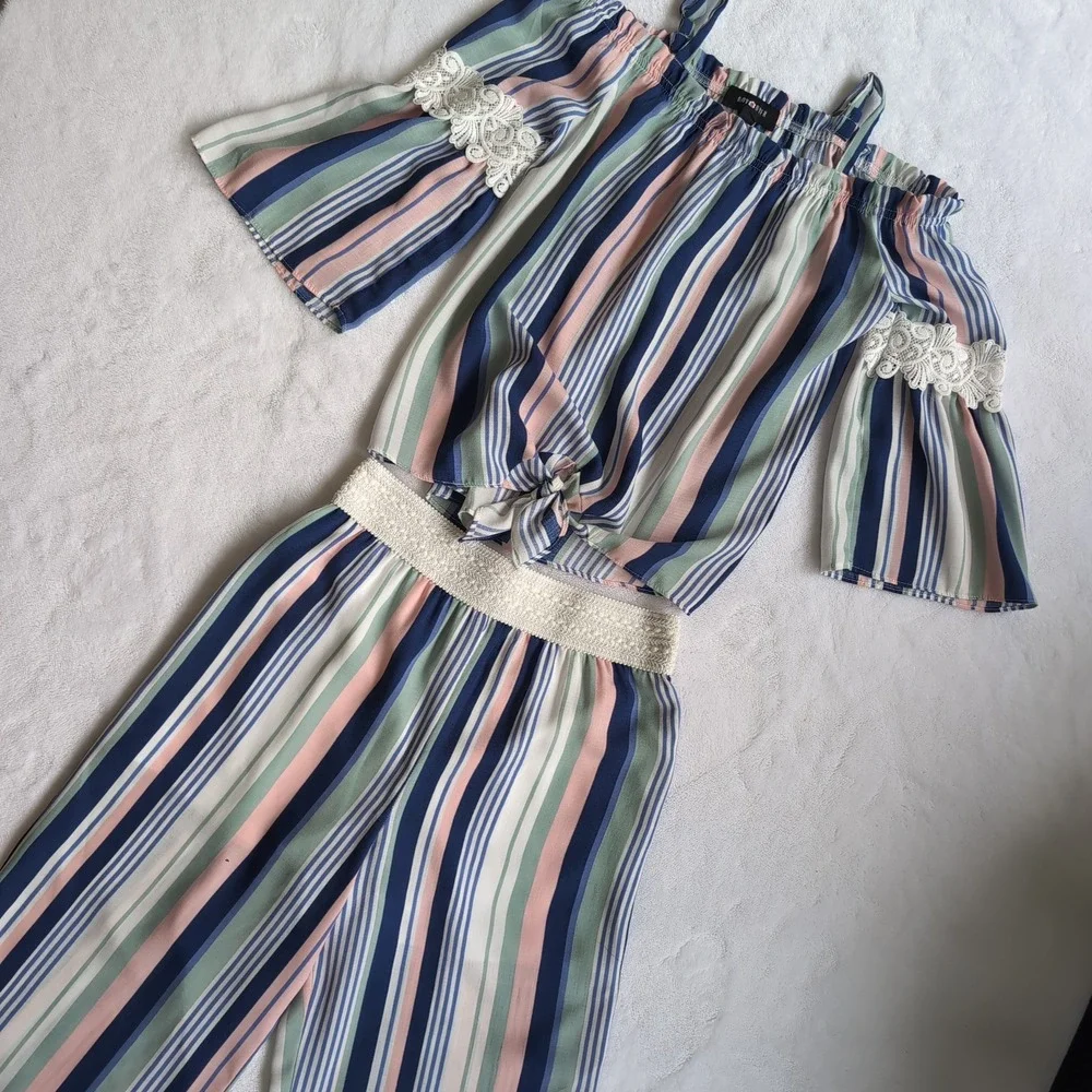 Amy Byer 2 Pc Set Girls L 14 Striped Off Shoulder Lace Crop Top Wide Leg Pants